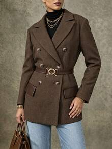 LUMIGAL Double Breasted Flap Detail Blazer - Coffee Brown - View 3