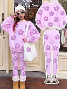 SHEIN Elladie kids 青少年女孩圓領寬鬆抓絨內裡運動衫與內搭褲套裝，可愛紫色針織紋理花卉數位針織生日秋季穿搭 - 彩色 - 查看 3
