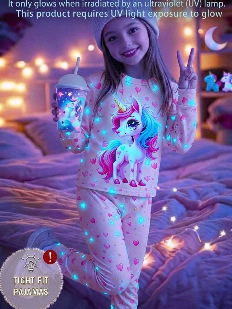 SHEIN Tween Girls Casual Minimalist Glow-In-The-Dark Unicorn Snug Fit Comfortable Crew Neck Long Sleeve Long Pants Loungewear Suitable 2PCS - Multicolor - View 6
