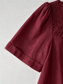 Balvessa 女款白色方領蕾絲飾邊休閒襯衫 - 酒紅色 - 查看 3
