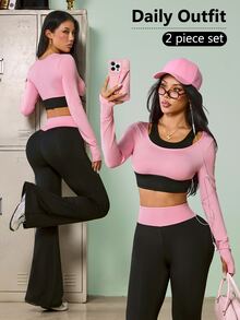 SHEIN Sovereign Charm Women's Long Sleeve Sports Tank Top And Colorblock Long Pants Workout Set - Multicolor - View 2