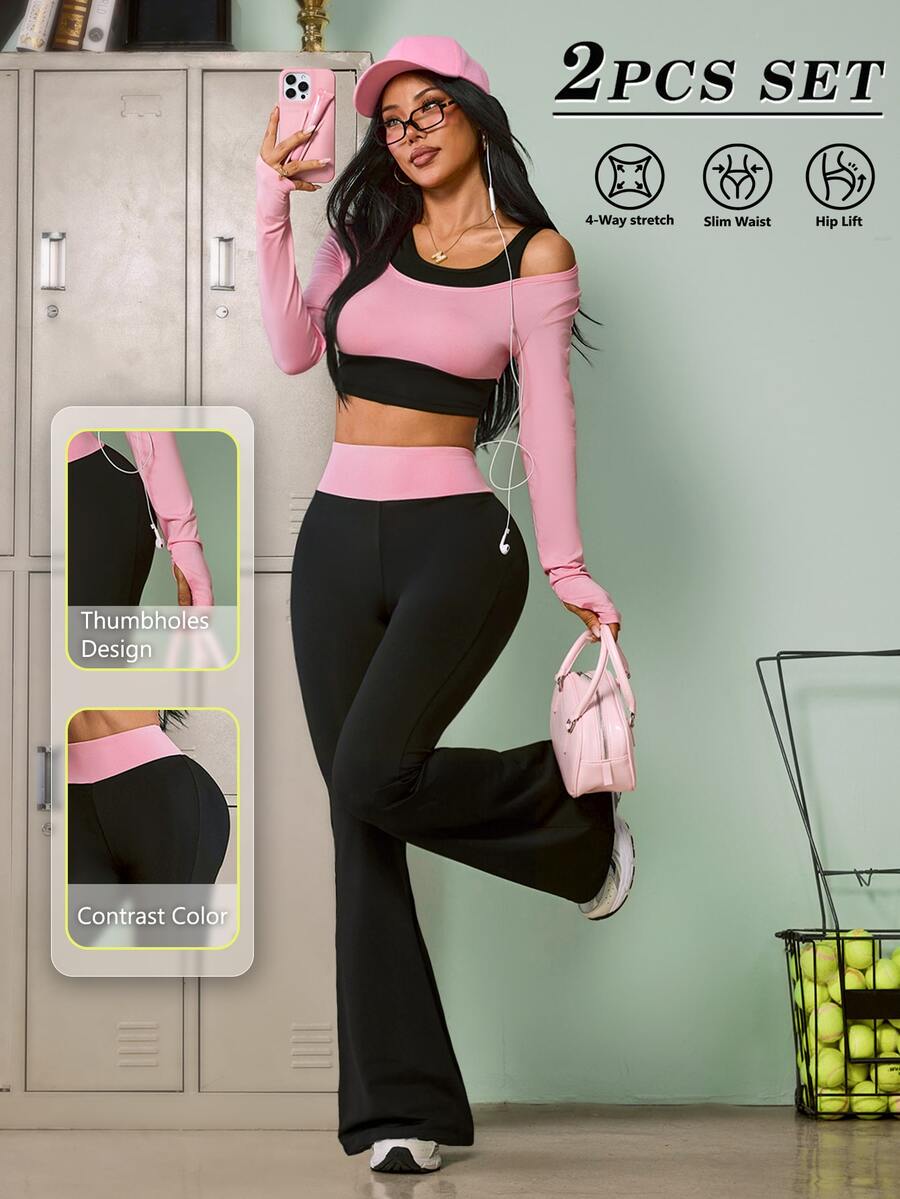 SHEIN Sovereign Charm Women's Long Sleeve Sports Tank Top And Colorblock Long Pants Workout Set - Multicolor - View 1