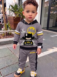 BATMAN X SHEIN 男嬰卡通印花連帽衛衣與鬆緊腰慢跑長褲套裝，適合春秋日常穿著 - 灰色 - 查看 7