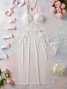 Elorette 女款性感蕾絲透視開衩細肩帶內衣睡裙 - 白色 - 查看 3
