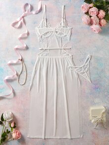 Elorette 女款性感蕾絲透視開衩細肩帶內衣睡裙 - 白色 - 查看 2