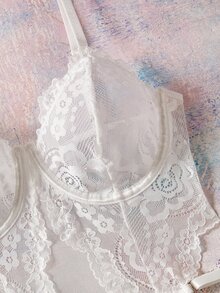 Elorette 女款性感蕾絲透視開衩細肩帶內衣睡裙 - 白色 - 查看 4