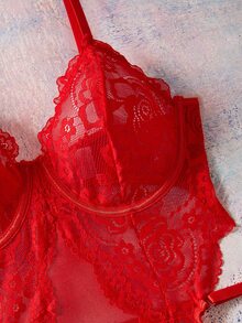 Elorette 女款蕾絲拼接鏤空性感休閒居家吊帶睡裙 - 紅色 - 查看 4