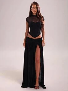 SHEIN BAE Atasan Crop Top Korset Jala Hitam Transparan Seksi Lengan Pendek untuk Pesta, Klub, Kencan, Malam Hari, dan Halloween - Hitam - View 4