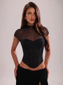 SHEIN BAE Atasan Crop Top Korset Jala Hitam Transparan Seksi Lengan Pendek untuk Pesta, Klub, Kencan, Malam Hari, dan Halloween - Hitam - View 6