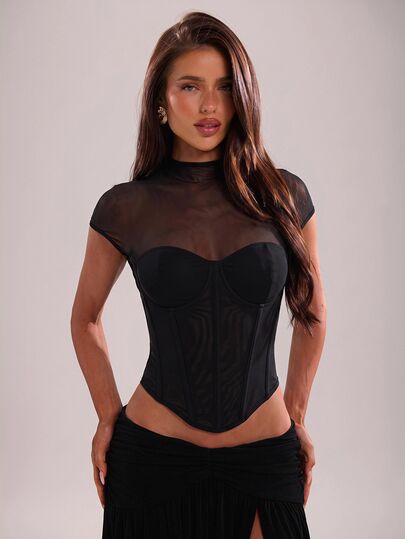 SHEIN BAE Fall Black Mesh Sheer Corset Crop Top Sexy See Through Short Sleeve Party Club Date Night Going Out,Halloween