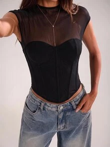 SHEIN BAE Atasan Crop Top Korset Jala Hitam Transparan Seksi Lengan Pendek untuk Pesta, Klub, Kencan, Malam Hari, dan Halloween - Hitam - View 5