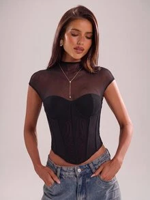 SHEIN BAE Atasan Crop Top Korset Jala Hitam Transparan Seksi Lengan Pendek untuk Pesta, Klub, Kencan, Malam Hari, dan Halloween - Hitam - View 7