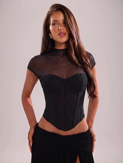 SHEIN BAE Top corto tipo corsé de malla negra transparente para otoño, sexy, de manga corta, para fiesta, club, cita nocturna, salir y Halloween