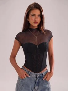 SHEIN BAE Atasan Crop Top Korset Jala Hitam Transparan Seksi Lengan Pendek untuk Pesta, Klub, Kencan, Malam Hari, dan Halloween - Hitam - View 3