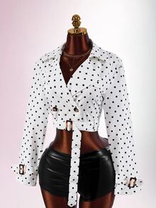 Amplova Jaket Pendek Lengan Panjang Kancing Ganda Motif Polkadot untuk Wanita - Hitam dan Putih - View 9