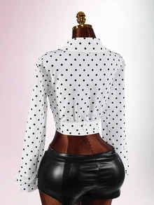 Amplova Jaket Pendek Lengan Panjang Kancing Ganda Motif Polkadot untuk Wanita - Hitam dan Putih - View 7