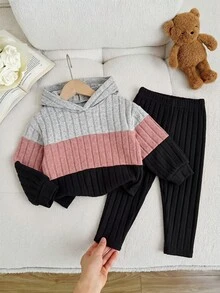 SHEIN Baby Girl Color Block Patchwork Loose Fleece Brushed Ribbed Elastic Fabric Hooded Pullover Autumn Top Basic Ribbed Leggings Suitable For Winter - Multicolor - View 6