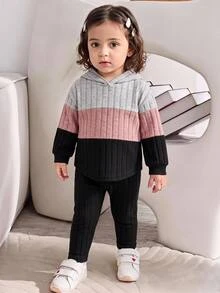 SHEIN Baby Girl Color Block Patchwork Loose Fleece Brushed Ribbed Elastic Fabric Hooded Pullover Autumn Top Basic Ribbed Leggings Suitable For Winter - Multicolor - View 8