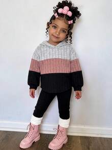 SHEIN Baby Girl Color Block Patchwork Loose Fleece Brushed Ribbed Elastic Fabric Hooded Pullover Autumn Top Basic Ribbed Leggings Suitable For Winter - Multicolor - View 3