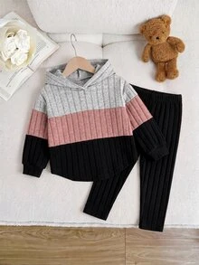 SHEIN Baby Girl Color Block Patchwork Loose Fleece Brushed Ribbed Elastic Fabric Hooded Pullover Autumn Top Basic Ribbed Leggings Suitable For Winter - Multicolor - View 7