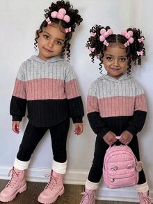 SHEIN Baby Girl Color Block Patchwork Loose Fleece Brushed Ribbed Elastic Fabric Hooded Pullover Autumn Top Basic Ribbed Leggings Suitable For Winter - Multicolor - View 4
