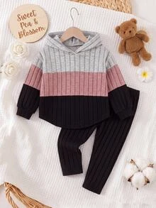 SHEIN Baby Girl Color Block Patchwork Loose Fleece Brushed Ribbed Elastic Fabric Hooded Pullover Autumn Top Basic Ribbed Leggings Suitable For Winter - Multicolor - View 1