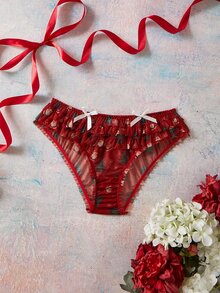Elorette Red Christmas All-Over Print Bow & Ruffle Floral Sweet Cute Women's Triangle Panties - Red - View 3