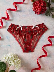 Elorette Red Christmas All-Over Print Bow & Ruffle Floral Sweet Cute Women's Triangle Panties - Red - View 1