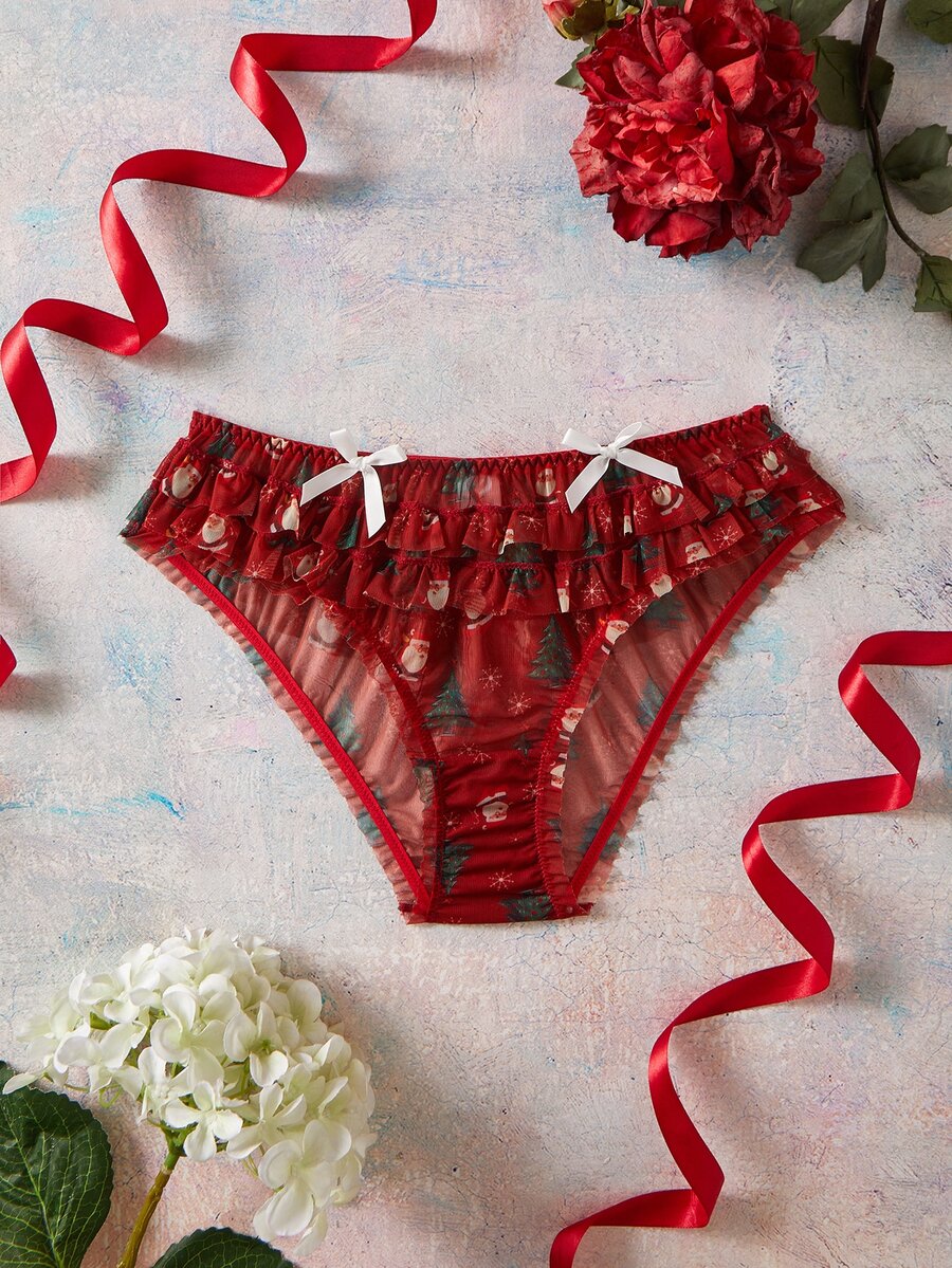 Elorette Red Christmas All-Over Print Bow & Ruffle Floral Sweet Cute Women's Triangle Panties - Red - View 1