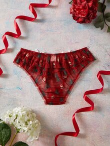 Elorette Red Christmas All-Over Print Bow & Ruffle Floral Sweet Cute Women's Triangle Panties - Red - View 2