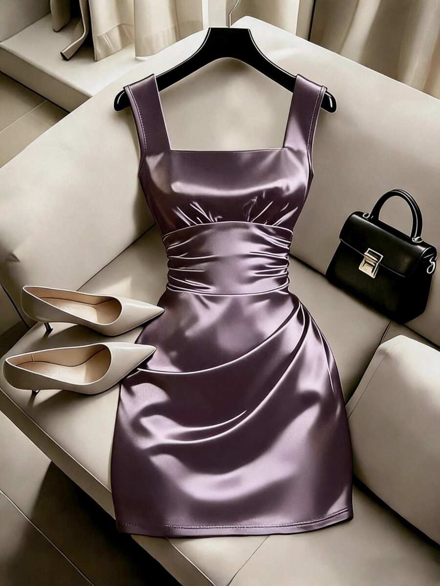 SHEIN Franclia Gaun Tanpa Lengan Elegan Berwarna Polos dengan Lipatan Palsu - Purple - View 1