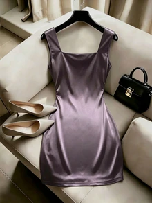 SHEIN Franclia Gaun Tanpa Lengan Elegan Berwarna Polos dengan Lipatan Palsu - Purple - View 2