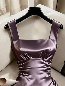 SHEIN Franclia Gaun Tanpa Lengan Elegan Berwarna Polos dengan Lipatan Palsu - Purple - View 3