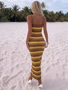 Allurite 春夏女款棕黃拼色細肩帶針織洋裝 優雅性感 熱帶波希米亞風 沙灘早午餐度假穿搭 - 彩色 - 查看 3
