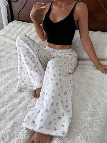 CottageSlumber Women's Flannel Pajama Pants With Waistband Patch Decor And Ditsy Floral - Multicolor - View 3