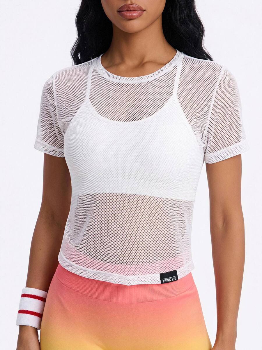 SHEIN Cheerettes 女款字母拼接圓領短袖鏤空運動上衣,健身運動服飾,四季皆宜 - 白色 - 查看 1