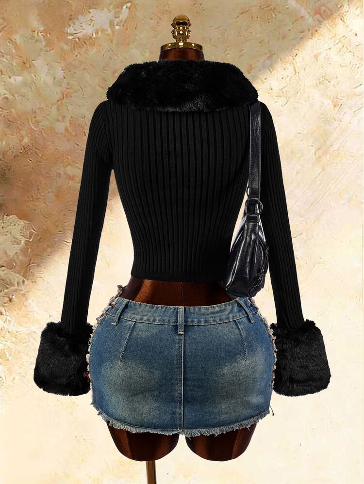 Amplova Borg Collar Fuzzy Cuff Tight Cut Black Long Sleeves Cardigan,Long Sleeve Tops In Fall/Winter - Black - View 8