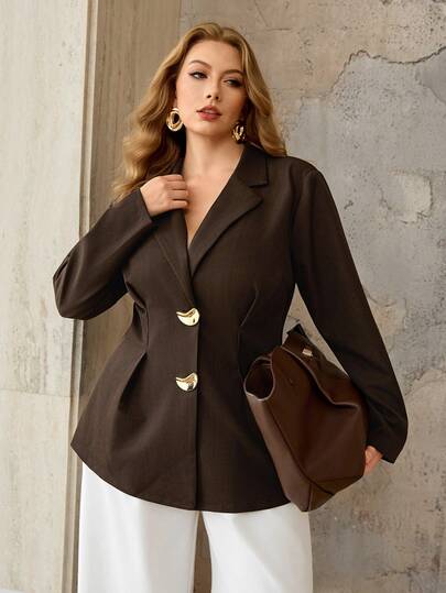 Roveilla Plus Size Women's Solid Color Blazer With Lapel, Single-Breasted Large Metal Button Decoration, Cinched Waist, Pleated Detail, A-Line, Unlined, Coffee Brown, Long Sleeve, French Elegant Vintage Formal Office Commute Casual British Style Minimalist Retro Afternoon Tea Gathering Home Leisure Comfortable Spring Autumn Blazer
