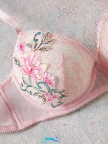 Elorette Pink Underwire Molded Cup High Support Push-Up Lift Lace Patchwork Floral Applique Romantic Elegant Women's Bra - Pink - View 5