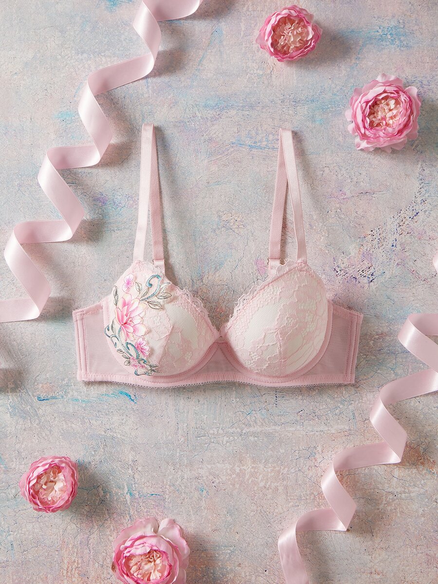 Elorette Pink Underwire Molded Cup High Support Push-Up Lift Lace Patchwork Floral Applique Romantic Elegant Women's Bra - Pink - View 1