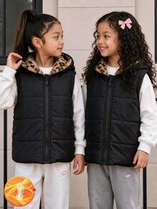 SHEIN Elladie kids 女童連帽豹紋冬季外套，Y2K街頭風，秋冬校園穿搭，豹紋黑上衣夾克，毛絨加厚中性款 - 黑色 - 查看 4