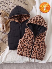 SHEIN Elladie kids 女童連帽豹紋冬季外套，Y2K街頭風，秋冬校園穿搭，豹紋黑上衣夾克，毛絨加厚中性款 - 黑色 - 查看 5