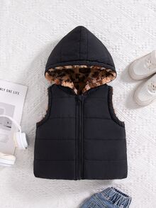 SHEIN Elladie kids 女童連帽豹紋冬季外套，Y2K街頭風，秋冬校園穿搭，豹紋黑上衣夾克，毛絨加厚中性款 - 黑色 - 查看 9