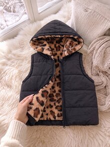 SHEIN Elladie kids 女童連帽豹紋冬季外套，Y2K街頭風，秋冬校園穿搭，豹紋黑上衣夾克，毛絨加厚中性款 - 黑色 - 查看 11
