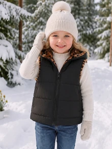 SHEIN Elladie kids 女童連帽豹紋冬季外套，Y2K街頭風，秋冬校園穿搭，豹紋黑上衣夾克，毛絨加厚中性款 - 黑色 - 查看 7