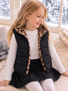 SHEIN Elladie kids 女童連帽豹紋冬季外套，Y2K街頭風，秋冬校園穿搭，豹紋黑上衣夾克，毛絨加厚中性款 - 黑色 - 查看 2