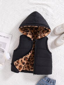 SHEIN Elladie kids 女童連帽豹紋冬季外套，Y2K街頭風，秋冬校園穿搭，豹紋黑上衣夾克，毛絨加厚中性款 - 黑色 - 查看 10