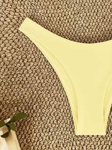 SHEIN Swim 女款夏季海灘純色性感極簡比基尼泳褲，適合度假、海灘、海邊 - 鵝黃色 - 查看 4