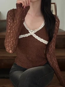 DAZY Textured Elastic Fabric Contrast Lace Trim Slim Fit Long Sleeve V-Neck Elegant Sexy Vacation Spring Autumn Women Blouse Y2k - Brown - View 7