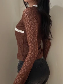 DAZY Textured Elastic Fabric Contrast Lace Trim Slim Fit Long Sleeve V-Neck Elegant Sexy Vacation Spring Autumn Women Blouse Y2k - Brown - View 4